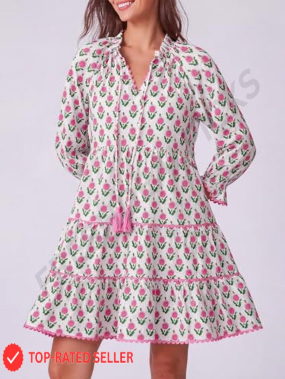 Long Sleeve Floral Ruffle V Neck Mini Babydoll Dress with Pockets - Picture 4 of 5
